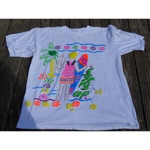 Vintage 80s Neon Puff Paint Surfs Up Surfing Neon White T-shirt Size XL Cotton